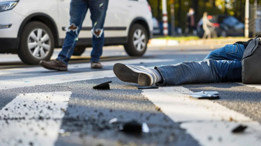 Person lying on a pedestrian crosswalk near a white vehicle and scattered debris.