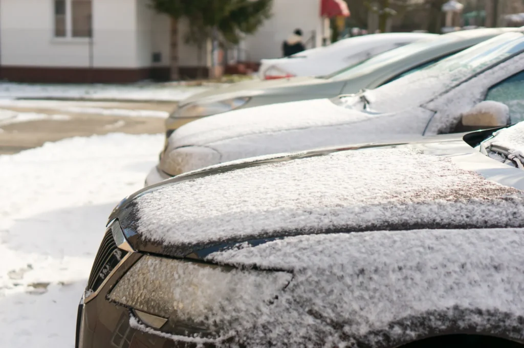 Row of parked cars covered with a light layer of snow on a winter day.