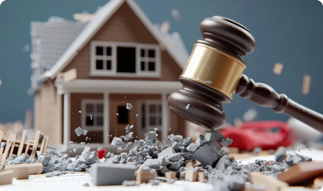 Wooden gavel striking debris in front of a small model house with a blue background.
