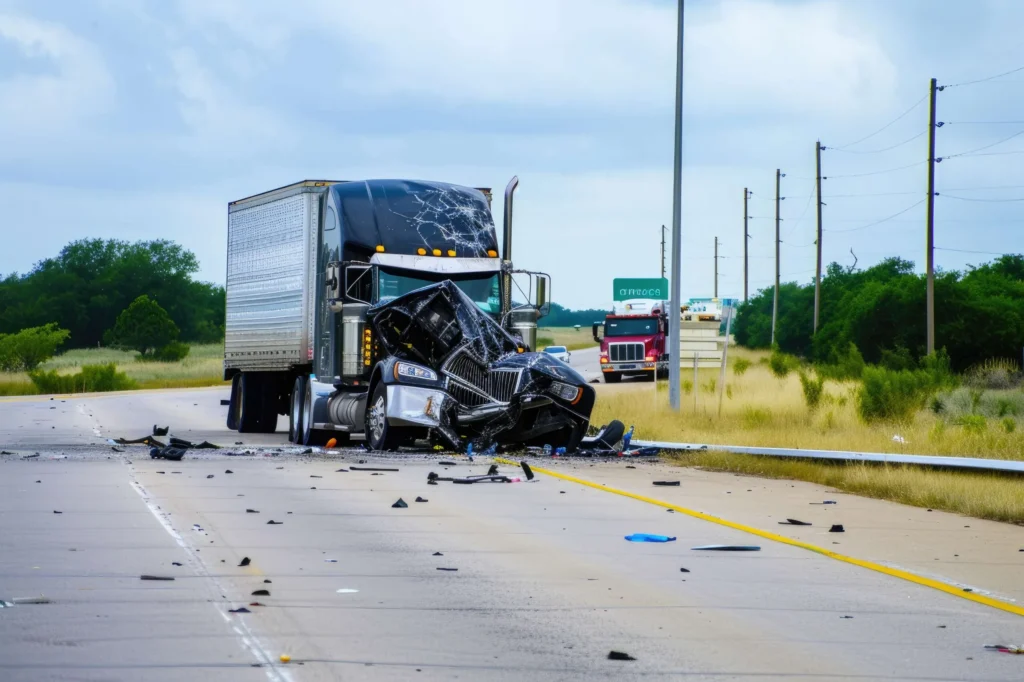 Semi-truck with severe front-end damage and shattered windshield on highway with debris.