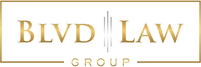Logo with gold and white text reading "BLVD LAW GROUP" on a black background with a gold border.
