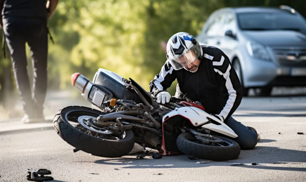 Man wearing a black and white helmet and jacket kneeling beside a fallen motorcycle on a road.
