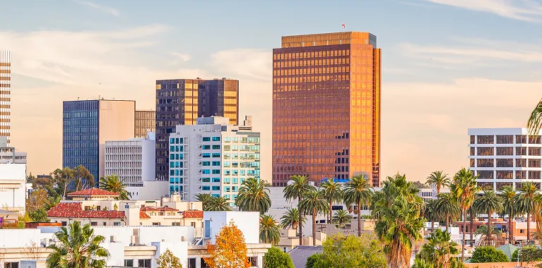 City skyline featuring modern high-rise buildings and palm trees under a clear sky at sunset.