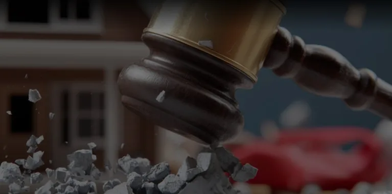 Close-up of a wooden gavel striking and breaking a pile of gray stones.