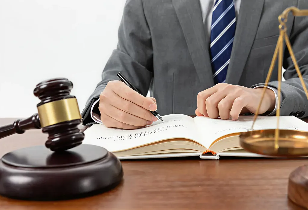 Person in gray suit writing in open book with gavel and scales of justice on wooden desk.