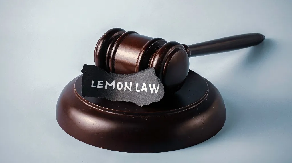 Dark wooden judge's gavel resting on a base with a torn paper labeled "LEMON LAW.
