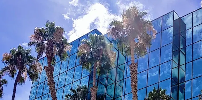 Reflective glass office building with tall palm trees under a partly cloudy blue sky.