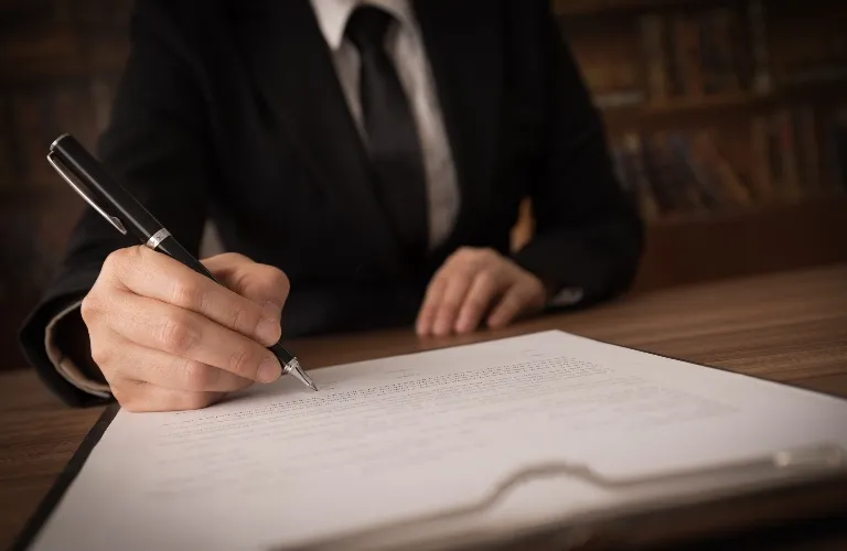 Person in a black suit writing on a document with a pen at a wooden desk.
