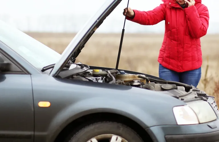 Person in red jacket inspecting open hood of dark gray car on roadside.