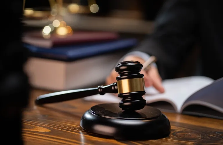 Wooden judge's gavel with brass band on desk, blurred person writing in background.