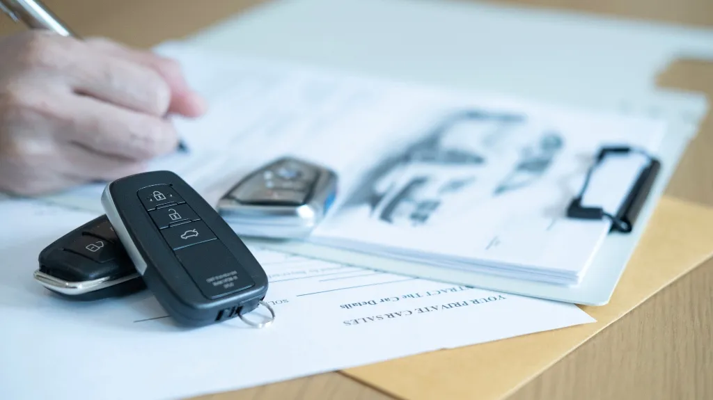 Close-up of car key fobs on documents with a hand writing on a clipboard in the background.