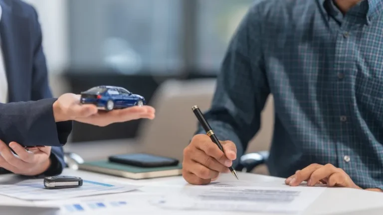 Two individuals at a desk, one holding a blue toy car and the other signing documents with a pen.