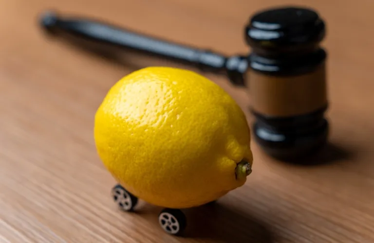 Close-up of a yellow lemon with small wheels on a wooden surface and a black judge's gavel in the background.