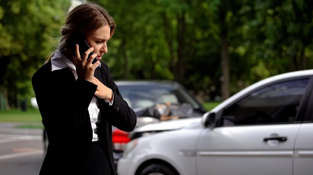 Businesswoman speaking on phone with damaged cars in background after accident.