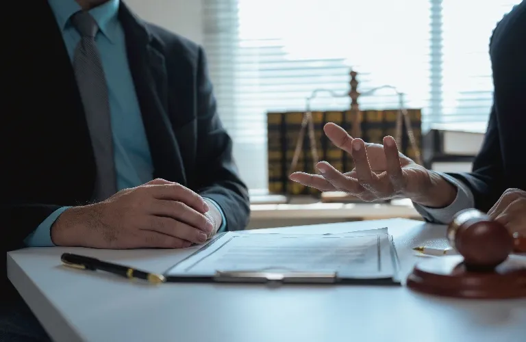 Two professionals in suits discussing documents at a desk with legal scales and gavel.